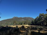 A mountain in the middle with a blue sky and a forest at the bottom